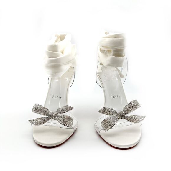CHRISTIAN LOUBOUTIN Astrinodo Crystal Bow PVC White Sandal Size 38.5 Heel - Picture 6 of 16